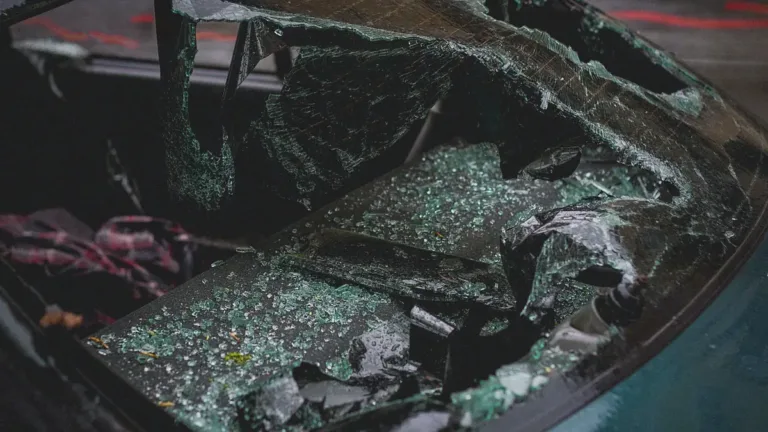Close-up of a car's shattered windscreen after a collision, with broken glass scattered across the dashboard