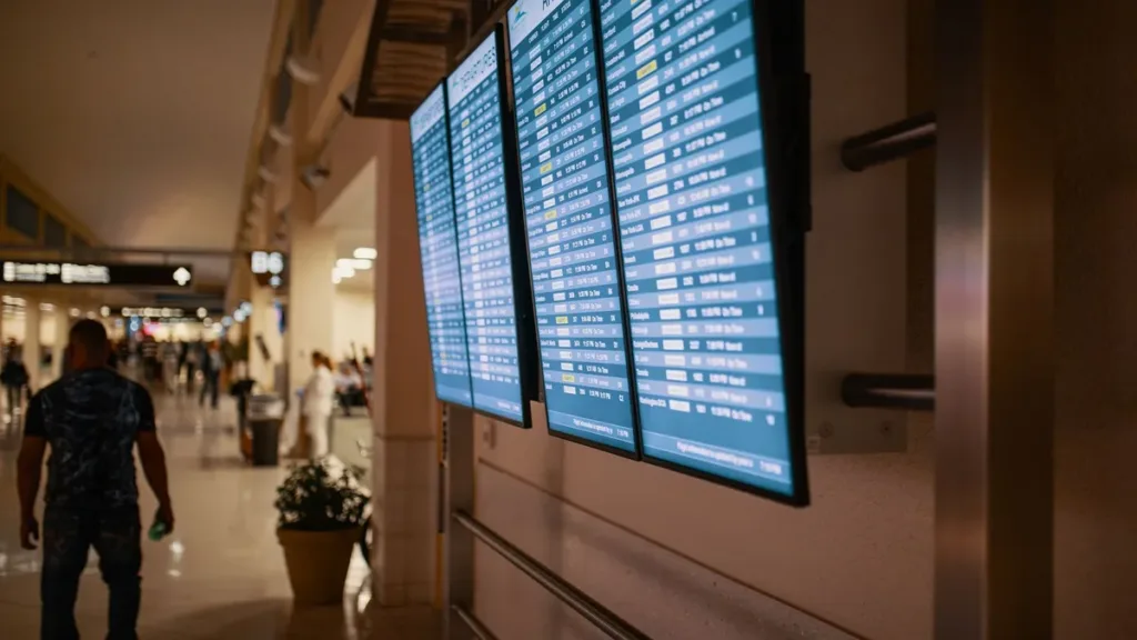 Row of angled flight information screens on a terminal wall, with a traveller walking away down the concourse