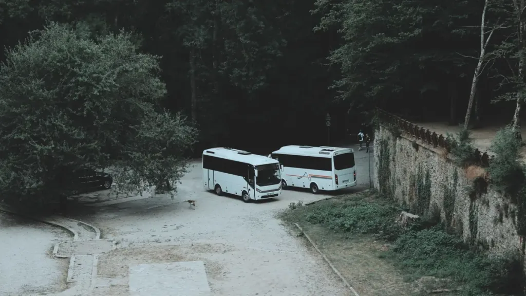 Two white minibuses parked on a quiet paved road beside an old stone wall and trees, seen from above