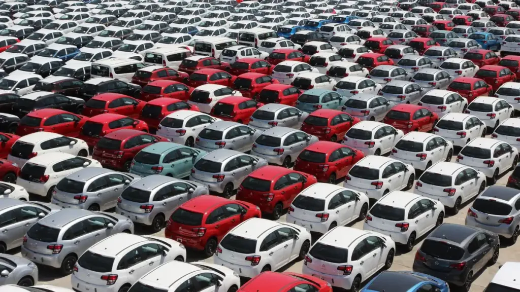 Overhead view of rows of parked hatchbacks and saloons in white, silver, red and black across a large outdoor lot