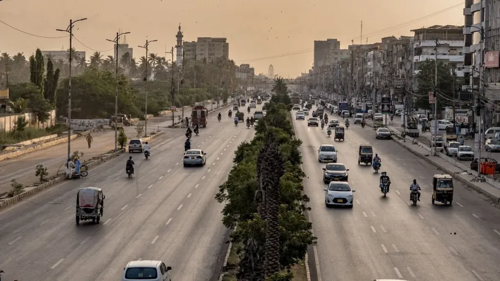 Evening traffic of cars, motorbikes and rickshaws on a wide tree-lined city road in Pakistan