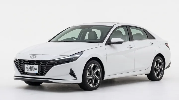 Hyundai Elantra, white saloon, studio photograph on a plain background
