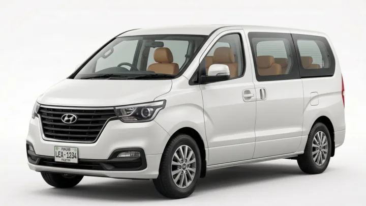 Hyundai Grand Starex H-1, white passenger van, studio photograph on a plain background