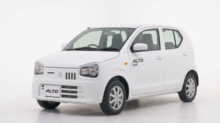 Suzuki Alto, white hatchback, studio photograph on a plain background