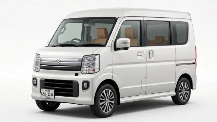 Suzuki Every, white 7-seat MPV van, studio photograph on a plain background