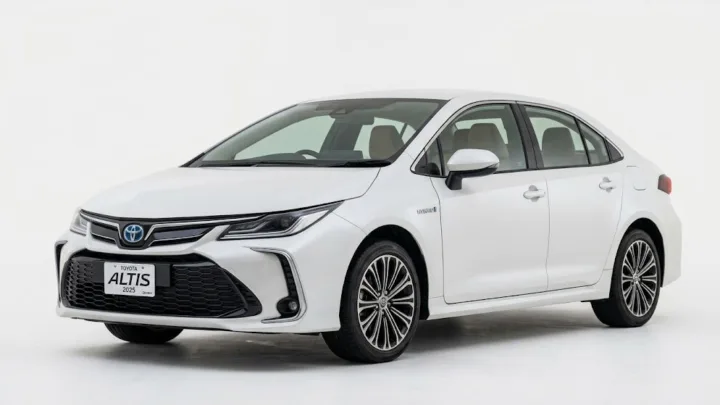 Toyota Corolla Altis Grande, white hybrid saloon, studio photograph on a plain background