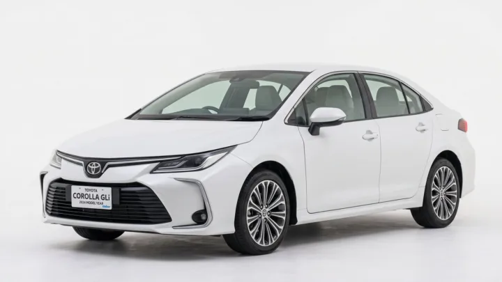 Toyota Corolla GLi, white saloon, studio photograph on a plain background