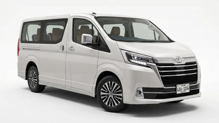 Toyota Granvia, white MPV, studio photograph on a plain background