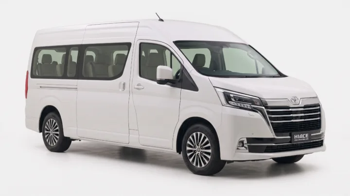 Toyota Hiace, Grand Cabin configuration, studio photograph on a plain background