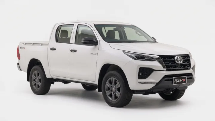 Toyota Hilux Revo, standard trim double-cab pickup, studio photograph on a plain background
