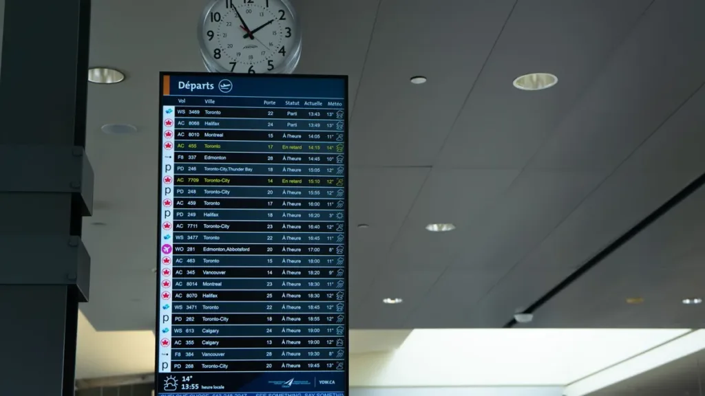 Airport departures screen listing flight times and statuses, with a wall clock mounted above it in a terminal