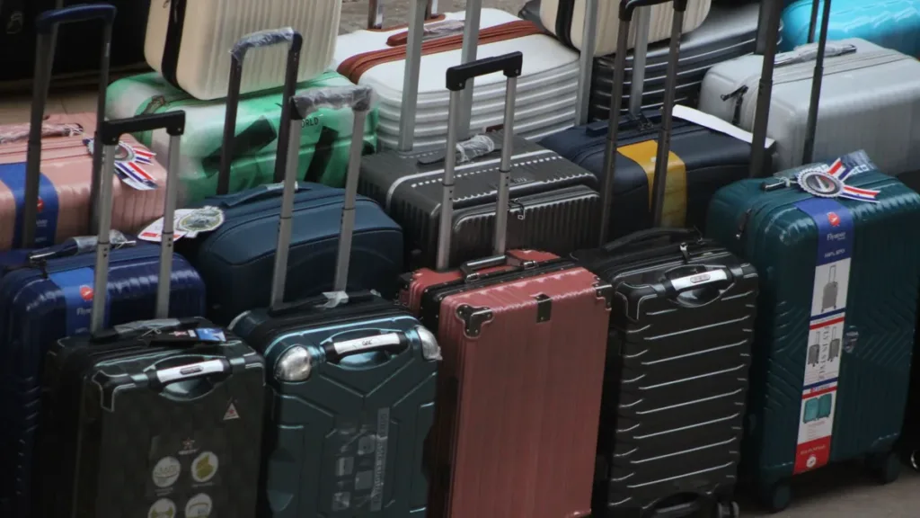 A large group of hard-shell suitcases in mixed colours packed tightly together with handles extended