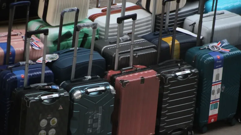 A large group of hard-shell suitcases in mixed colours packed tightly together with handles extended