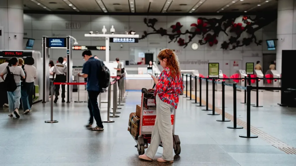 Traveller checking her phone beside a luggage trolley in a bright airport terminal hall with queue barriers