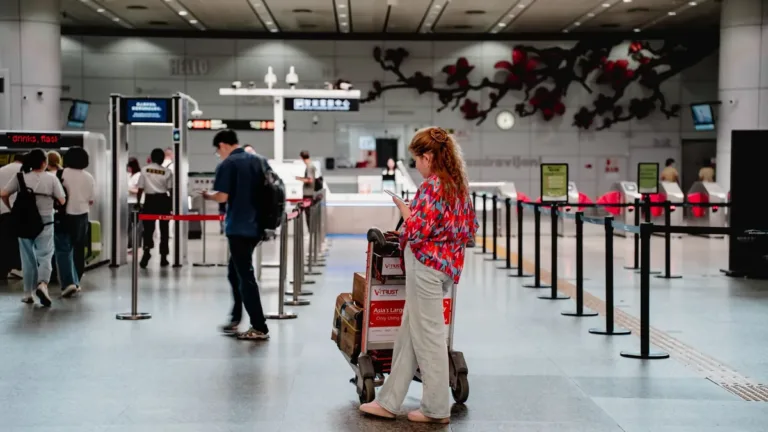 Traveller checking her phone beside a luggage trolley in a bright airport terminal hall with queue barriers