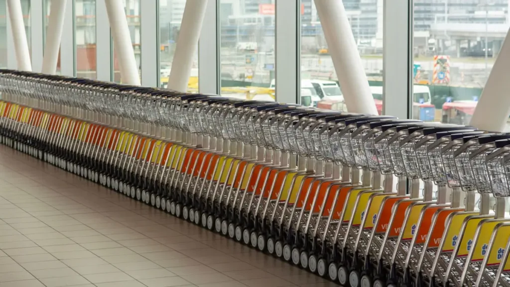 A long row of stacked luggage trolleys lined up beside tall glass windows inside a bright airport terminal
