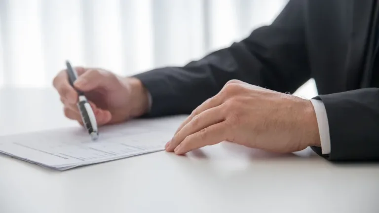 Hand of a person in a dark suit signing a printed document with a pen at a white desk