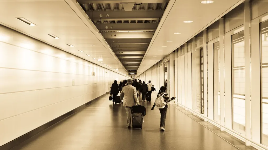 Travellers wheeling suitcases down a long, bright airport walkway towards the terminal, in warm sepia tones
