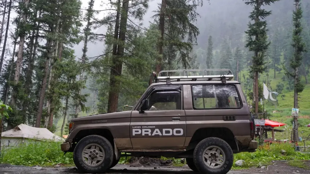 Older brown Toyota Land Cruiser Prado with a roof rack parked on a wet track among tall pine trees in misty hills