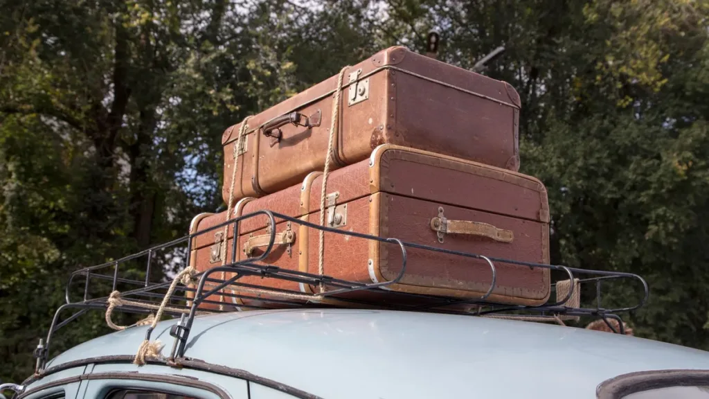 Two worn leather suitcases stacked and strapped onto a metal roof rack on top of a pale car, trees behind