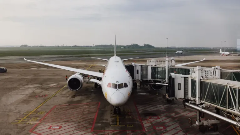 Unbranded passenger jet parked at an airport terminal gate with jet bridges attached under an overcast sky