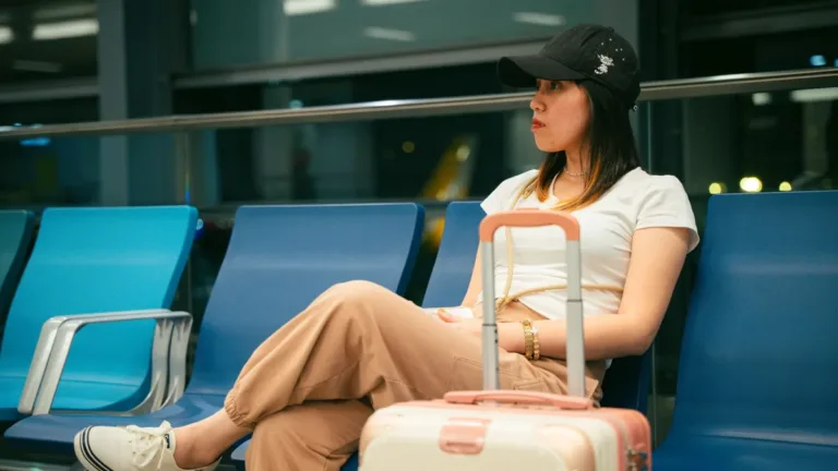 Woman in a cap sitting on blue airport terminal seats beside a pink suitcase, waiting for her ride