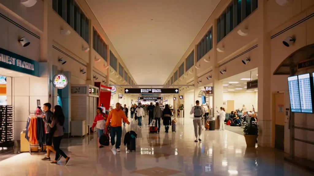 Travellers with suitcases walking through a long airport terminal concourse