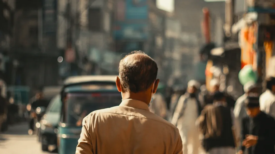 A busy street in Peshawar with auto rickshaws, shops and passers-by, seen behind a man in the foreground